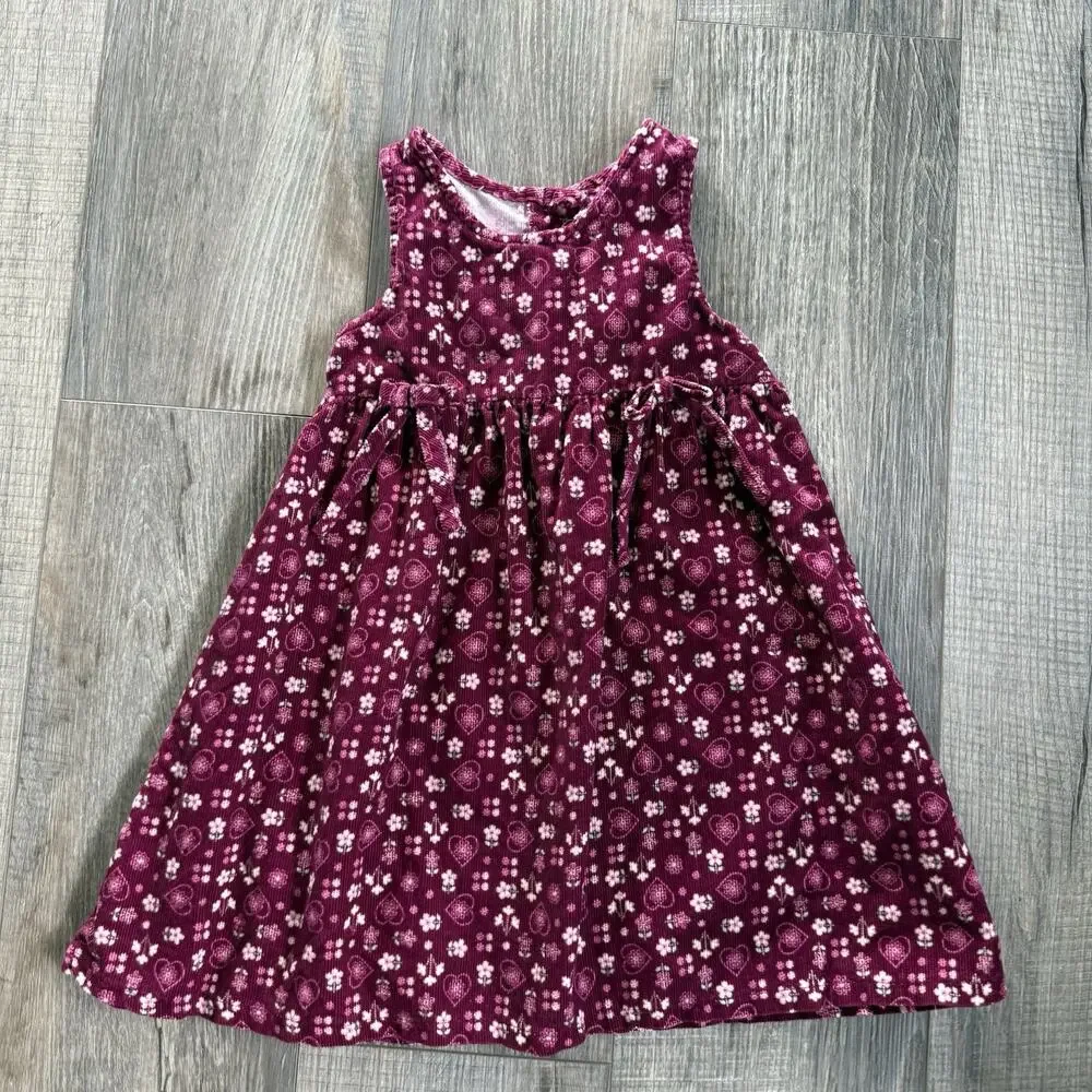 Vtg 90s Floral Heart Bows Jumper Dress Toddler Purple Size 4T Corduroy Flowers